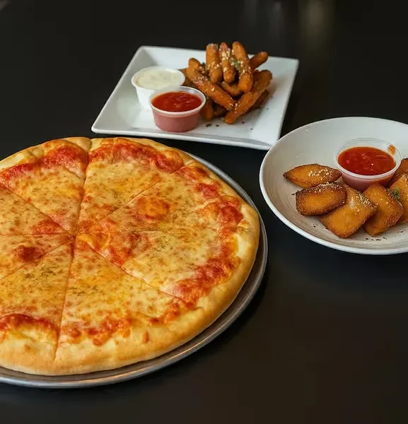 Cheese pizza, two types of fried appetizers, with sauces.