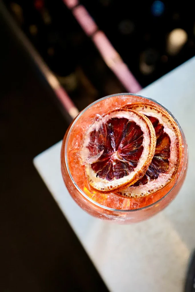 Red-orange cocktail with ice and two dried citrus slices.