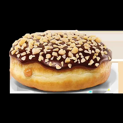 Close-up chocolate donut with nuts and visible caramel filling.