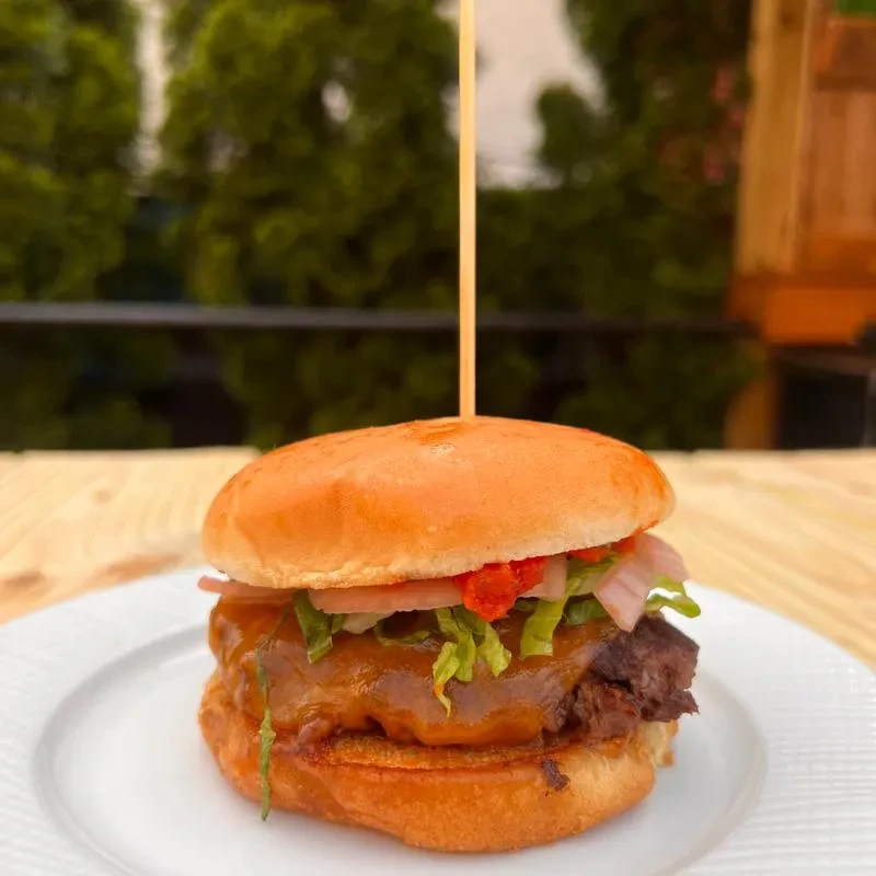 Gourmet slider on white plate, brioche bun, dark sauce, lettuce, skewer.