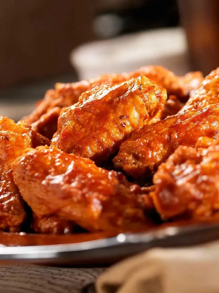 Pile of glistening, reddish-orange chicken wings on a metal plate.