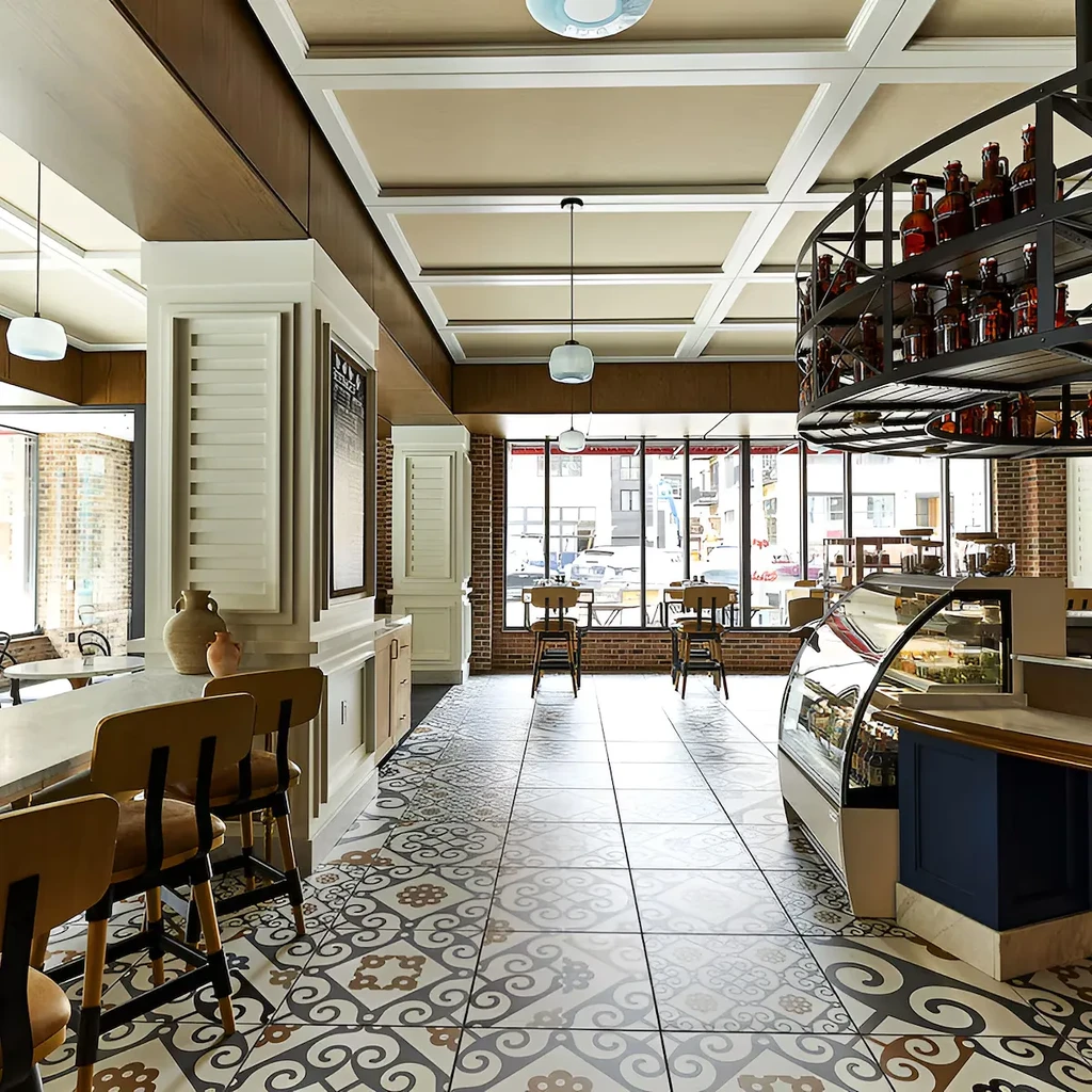 Empty modern restaurant interior with patterned floor and tiered bottle shelves.