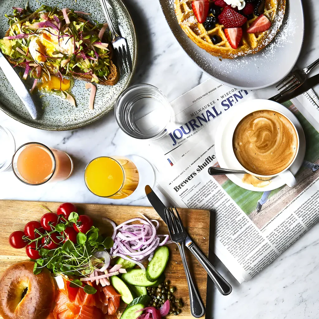 Diverse breakfast and brunch flat lay with toast, waffle, bagel, and coffee.