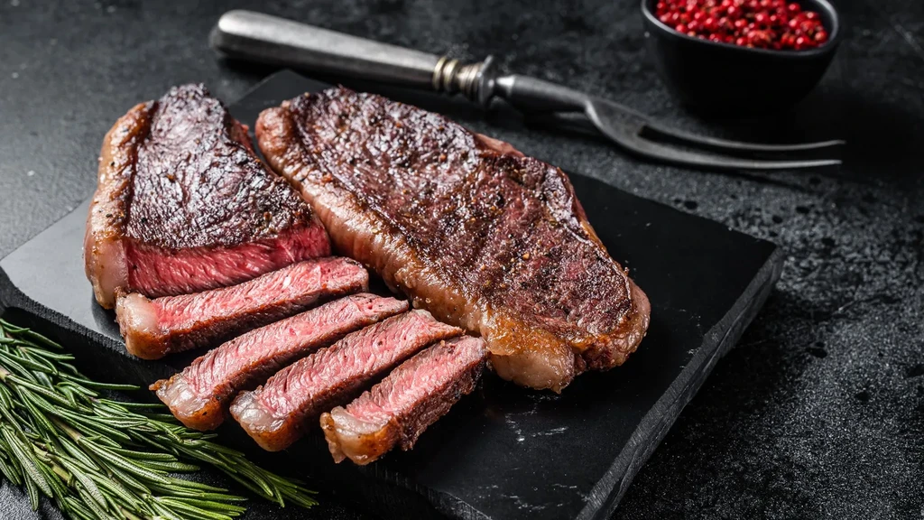 Well-seared, sliced medium-rare steak with rosemary on a dark cutting board.