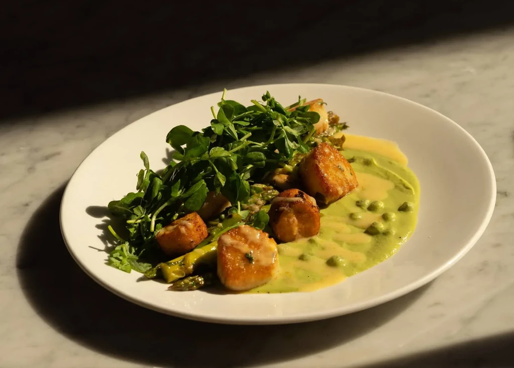 Seared scallops with asparagus, microgreens, and two distinct sauces.