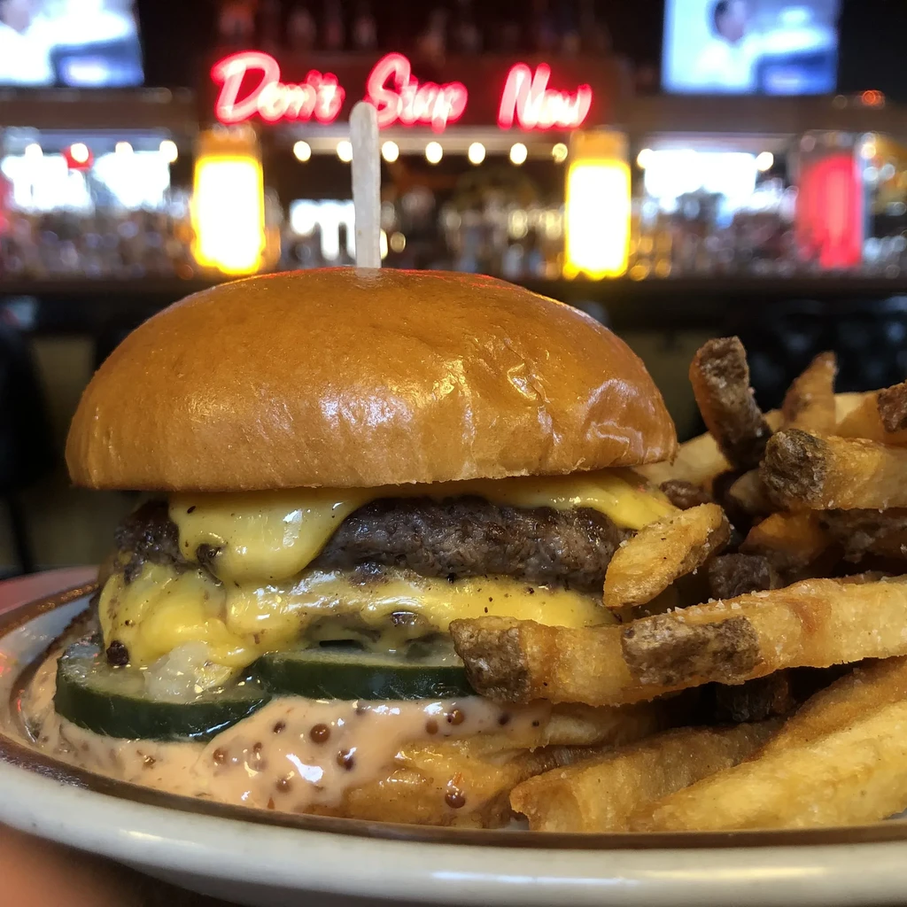 Double cheeseburger, fries, pickles, and sauce, in blurred bar setting.
