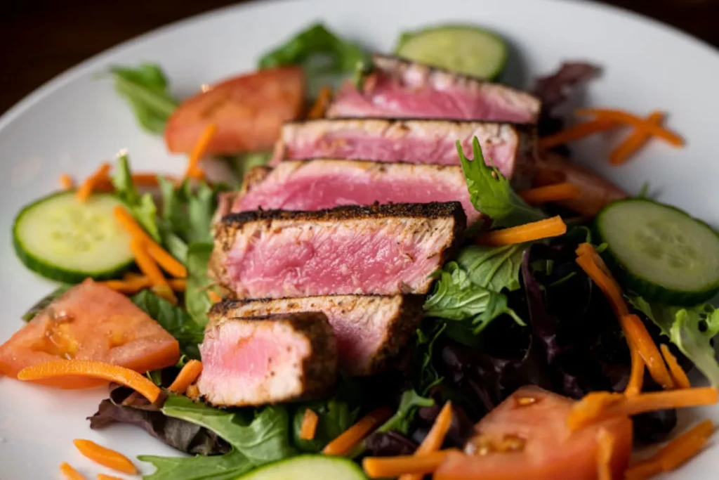 Seared tuna salad with mixed greens, cucumber, tomatoes, and carrots.