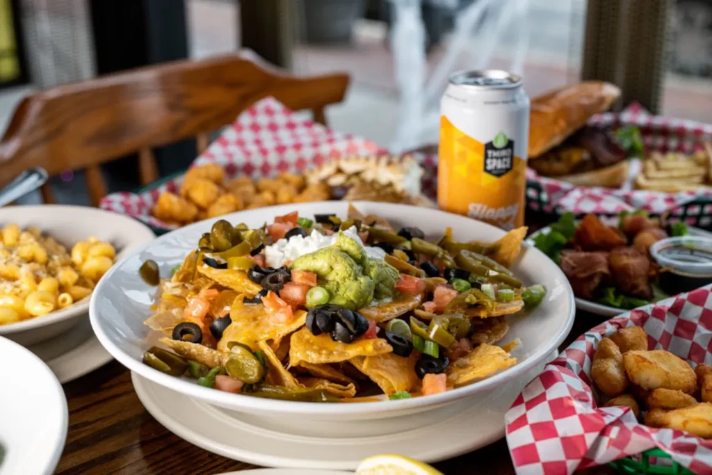 Large bowl of nachos, mac and cheese, and a Third Space drink can.