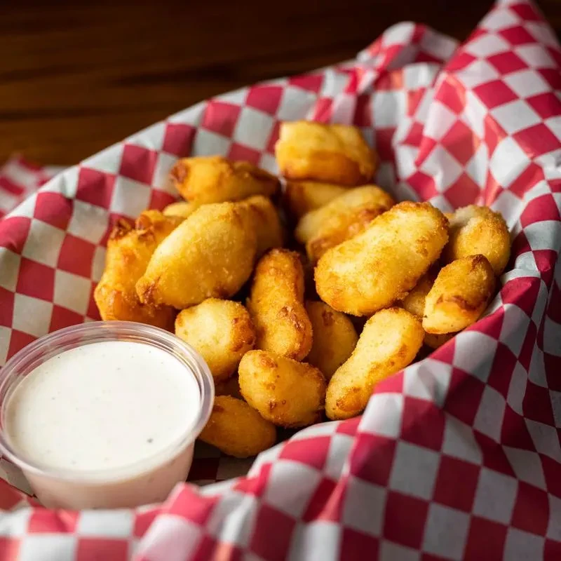 Golden-brown fried food in a checkered basket with dipping sauce.