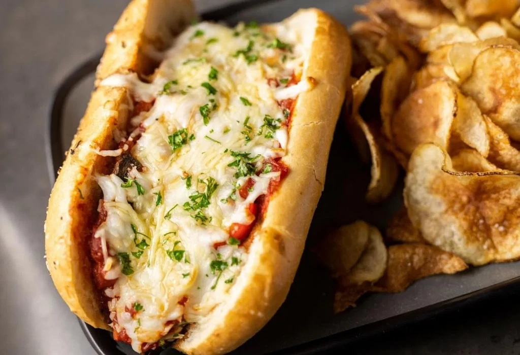 Top-down: cheesy sub with parsley, salted chips on a dark surface.