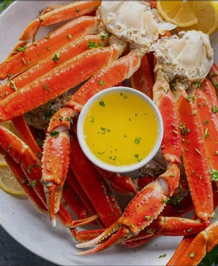 Close-up of cooked red-orange crab legs with butter and lemon.