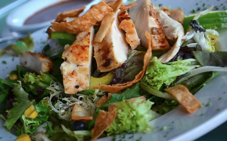 Grilled chicken salad with avocado and crispy strips in a white dish.