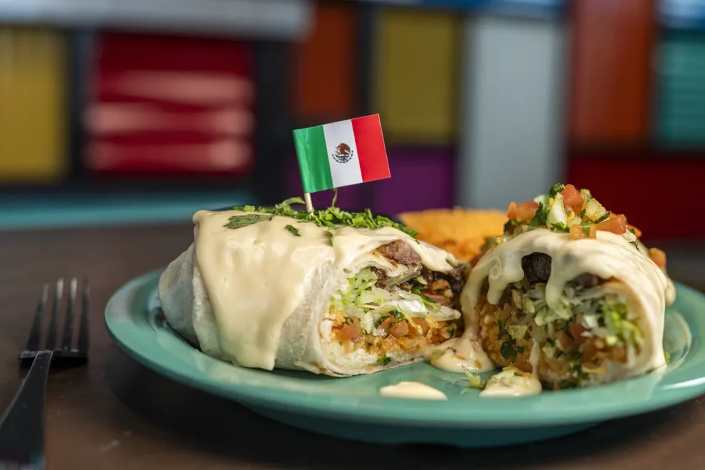 Sliced burrito on a teal plate with queso, herbs, and a Mexican flag.