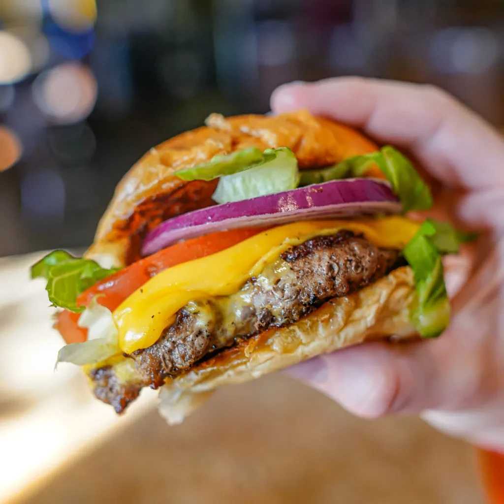 Close-up: Hand holding a hamburger with cheese, lettuce, tomato, red onion.