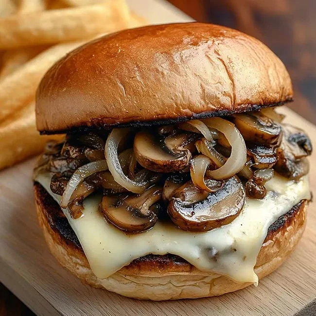 Close-up gourmet burger with melted cheese, mushrooms, and onions.