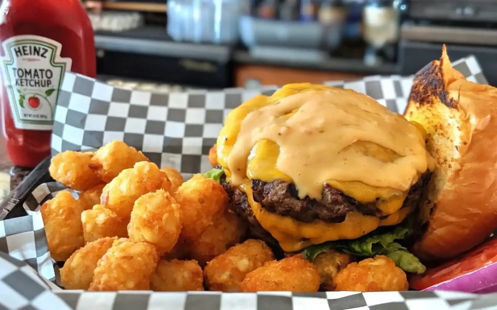 Double cheeseburger and golden tater tots in a checkered basket.