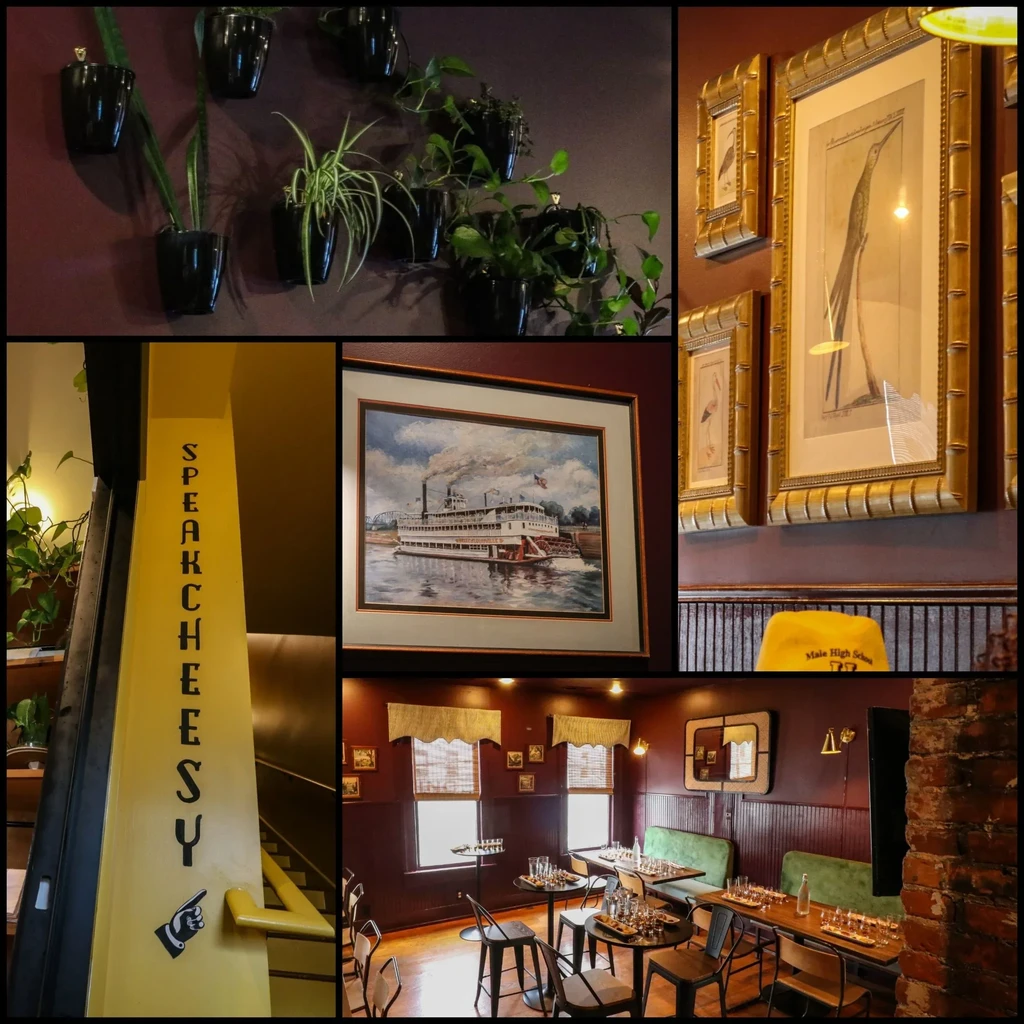 Five-panel collage showing various interior details of a restaurant.