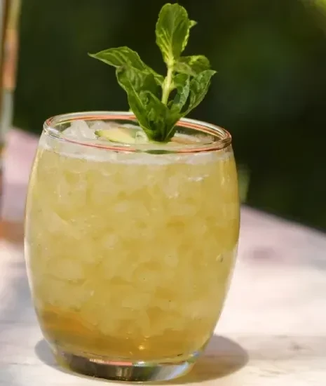 Light yellowish-green drink with crushed ice, mint, and dark liquid layer.