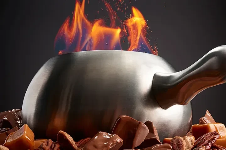 Brushed metal fondue pot with fiery flames, chocolate, caramel, and pecans.