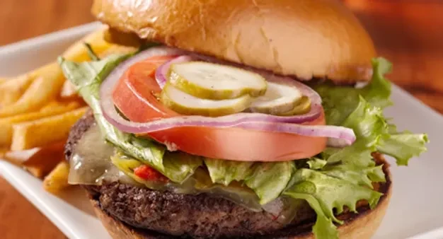 Substantial burger with melted cheese, fresh vegetables, and golden fries.