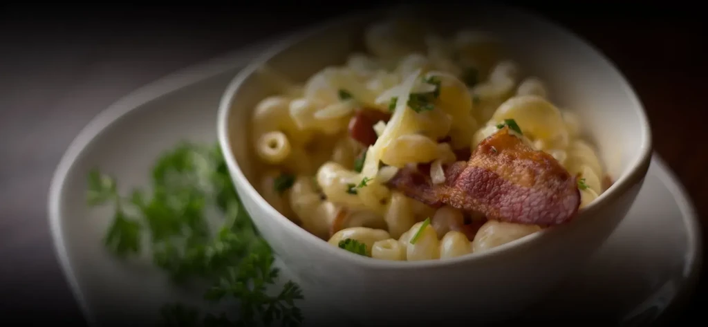 White bowl of macaroni and cheese with bacon, herbs, and grated cheese.