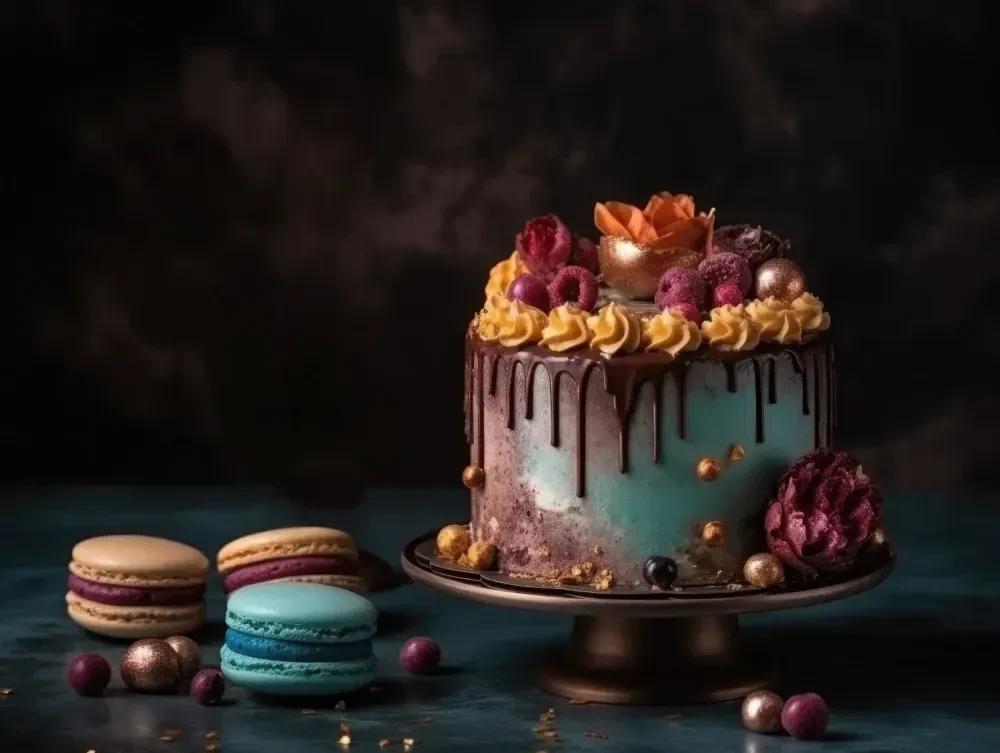 Decorated cake with mottled frosting, chocolate ganache, raspberries, flowers, and macarons.