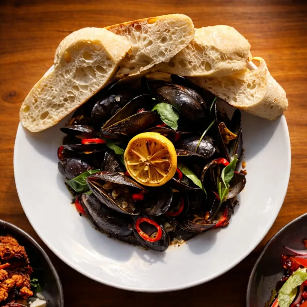 Steamed mussels in sauce with lemon, basil, and crusty bread.
