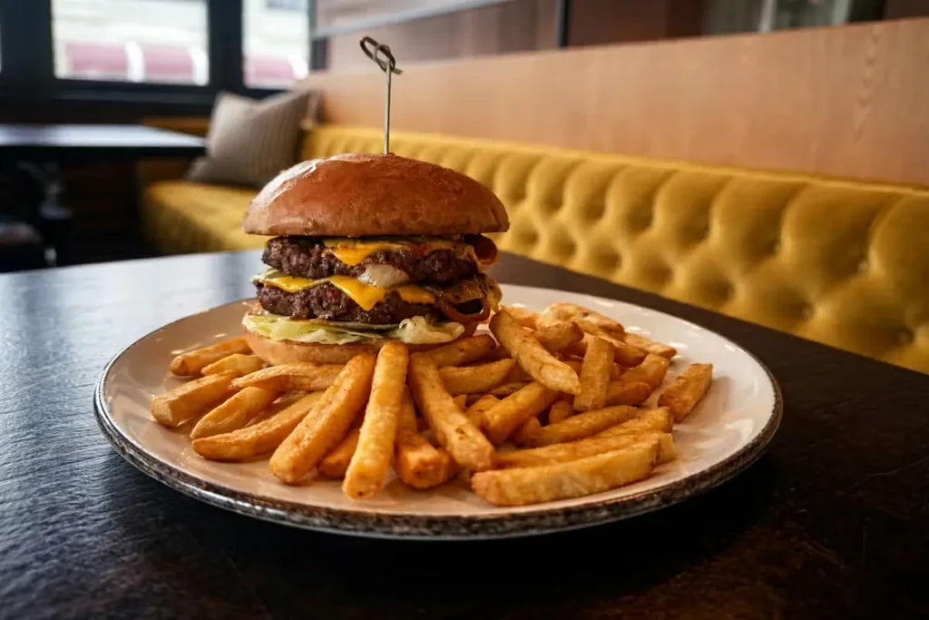 Double-patty cheeseburger and fries on a white plate in a restaurant.