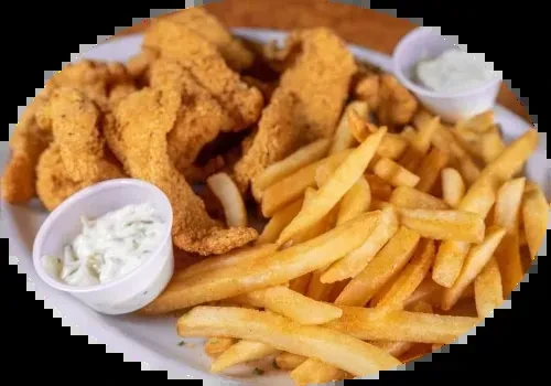 White plate filled with fried food, french fries, and dipping sauce.
