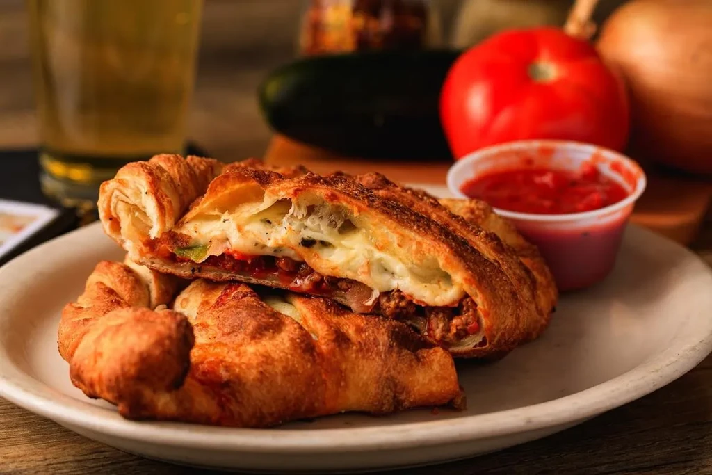Halved calzone revealing meat, melted cheese, red sauce, and side dip.