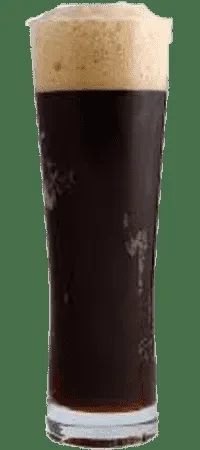 Tall pint glass of dark stout beer with a creamy tan head.
