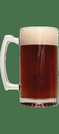 Glass mug with dark reddish-brown beverage, frothy foam, dark green background.