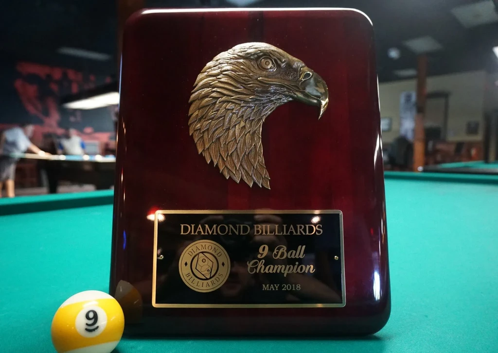 Diamond Billiards 9-Ball Champion plaque with eagle and 9-ball.