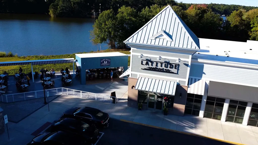 Aerial view of waterfront Latitude Seafood Co. and Ruby Salts Oyster Company.