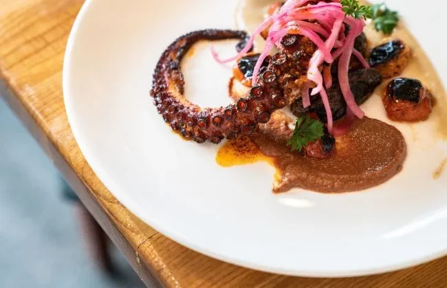 Charred octopus tentacle, pickled onions, herbs, and sauces on a white plate.