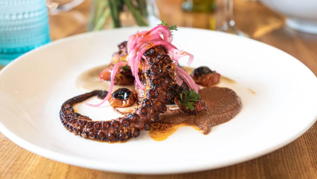 Charred grilled octopus with sauce, pickled onions, tomatoes, and green herb.