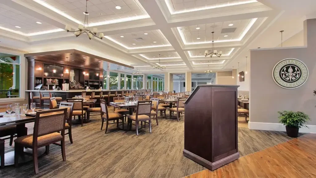 Spacious, empty dining hall and bar at Magnolia Green Golf Club.