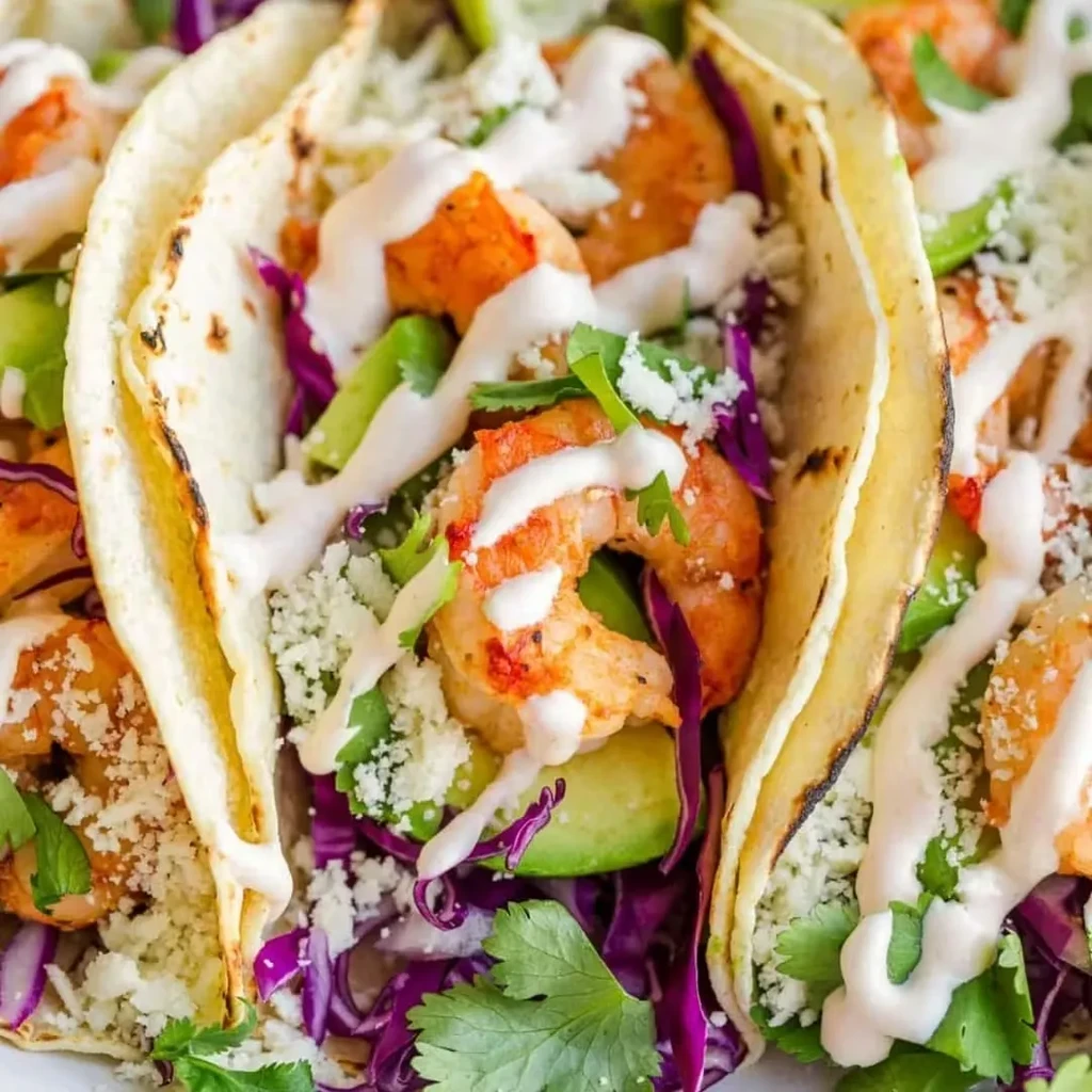 Close-up of shrimp tacos with avocado, purple cabbage, cheese, and cilantro.