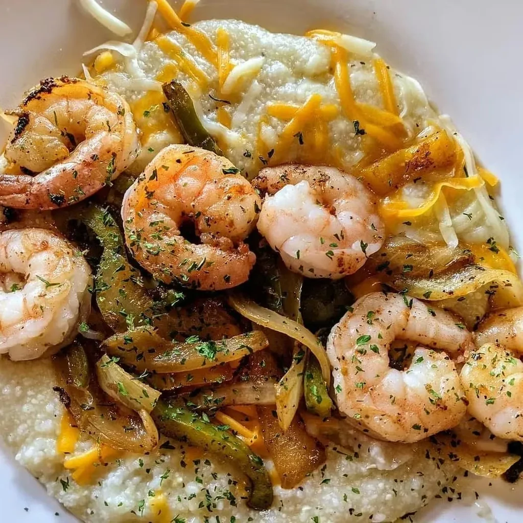 Seasoned shrimp and grits with melted cheese, bell peppers, and herbs.