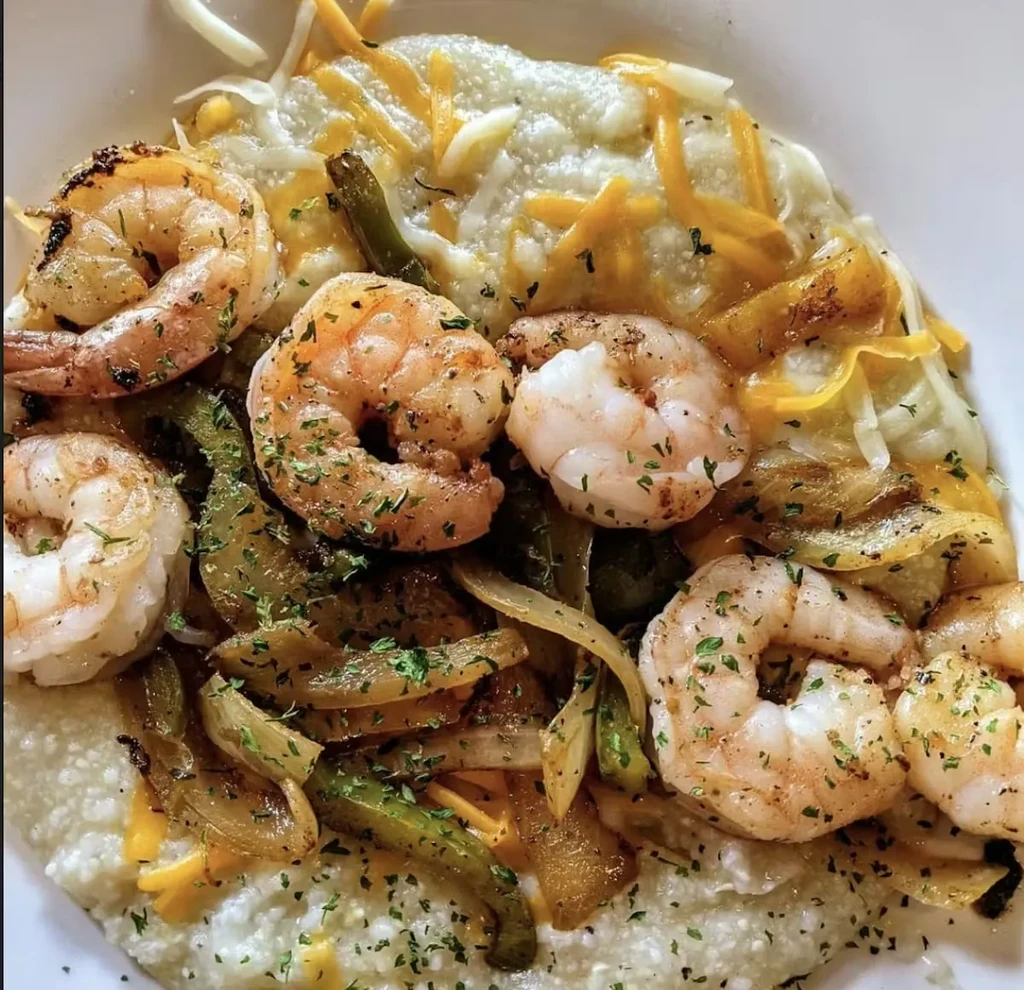 Shrimp and grits with bell peppers, onions, shredded cheese, and herbs.