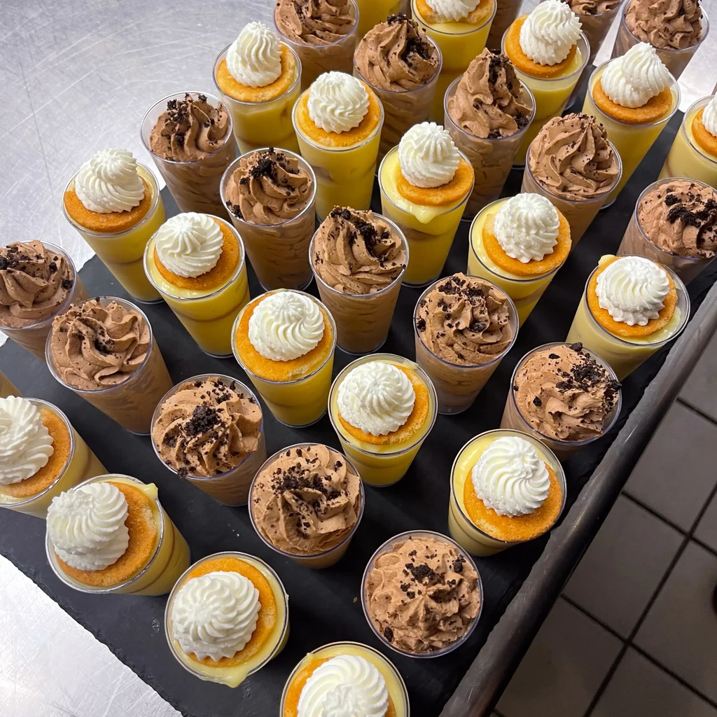 Tray holds 30-40 individual chocolate and yellow layered desserts.