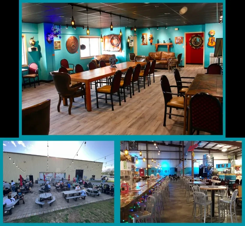 Collage of a venue's dining hall, bar, and patio.