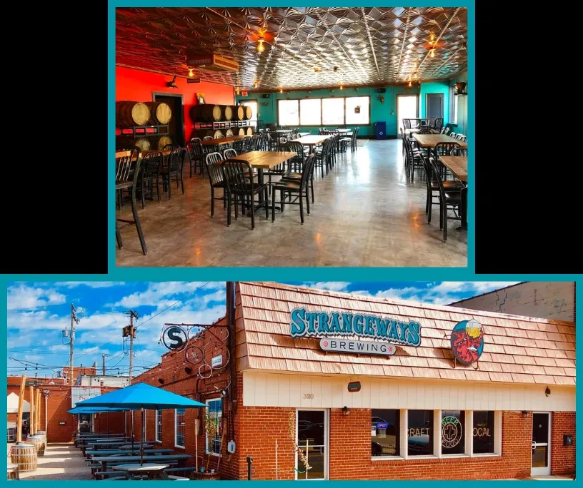Strangeways Brewing interior with barrels and exterior with patio.