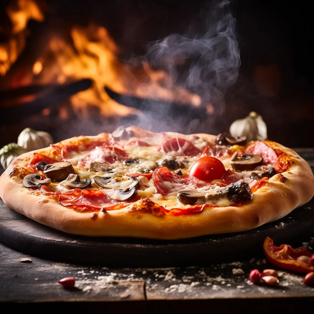 Freshly baked pizza with mushrooms, meats on wooden board near fireplace.