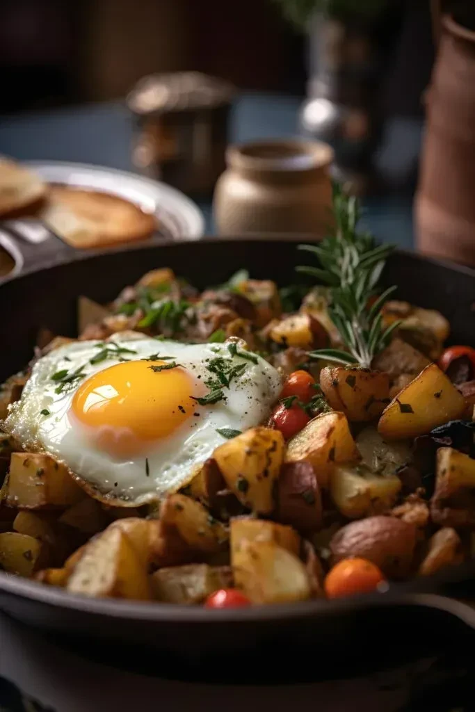 Cast-iron skillet with sunny-side-up egg, roasted potatoes, herbs, and tomatoes.