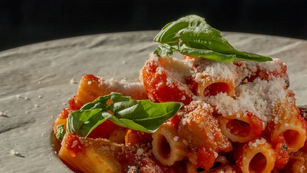 Rigatoni pasta with tomato sauce, grated cheese, and fresh basil.