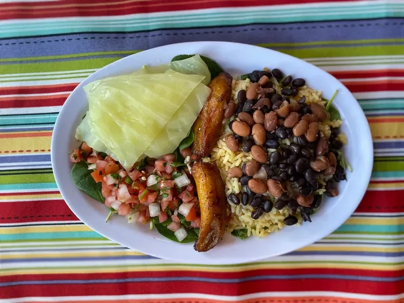 Plate with rice, beans, fried plantains, salsa, and folded cabbage leaves.