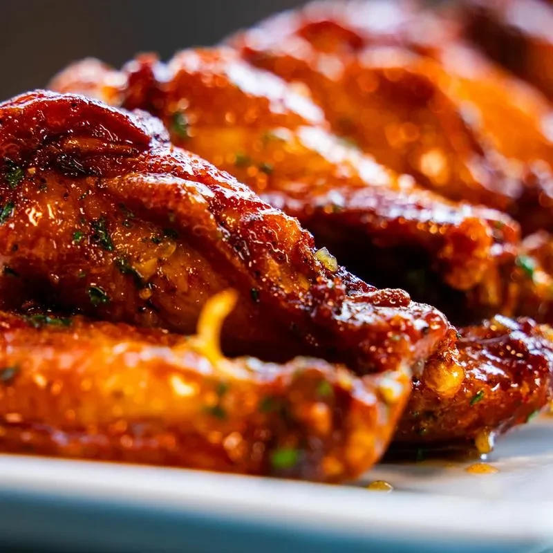 Golden-brown glazed chicken wings garnished with herbs on a white plate.