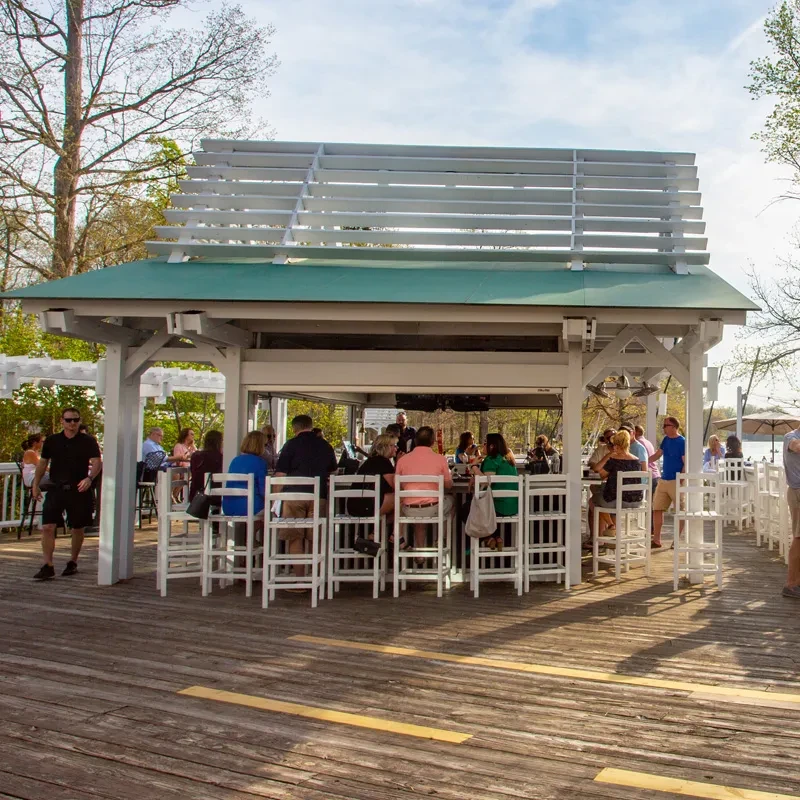 Outdoor bar with green roof and pergola, patrons on wooden deck.