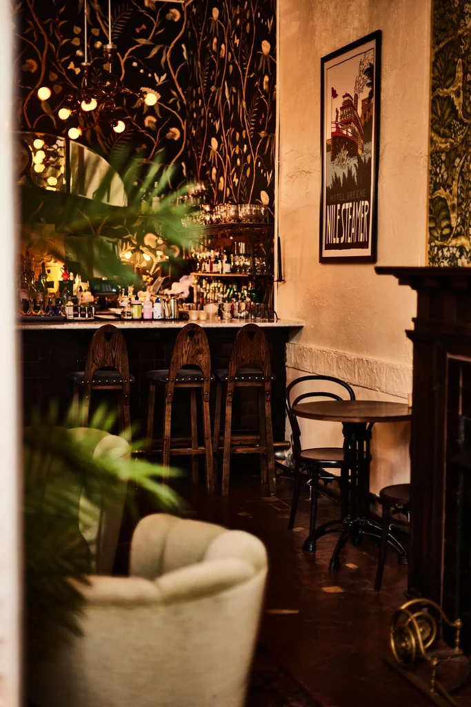 Empty, warmly lit bar lounge featuring a stocked counter and vintage decor.